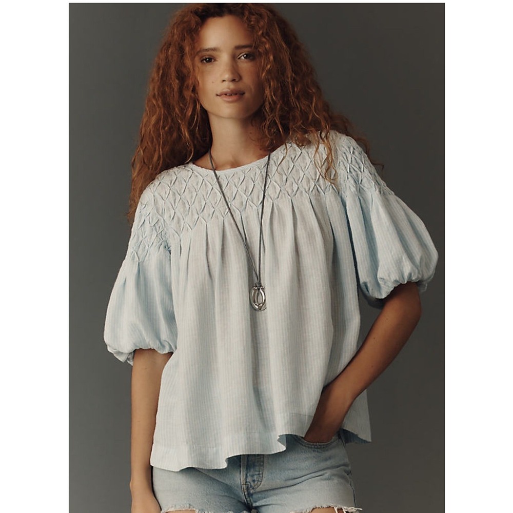 Anthropologie Liza Puff Sleeve Smocked Linen Top Striped Cream Tan OB2236518 S